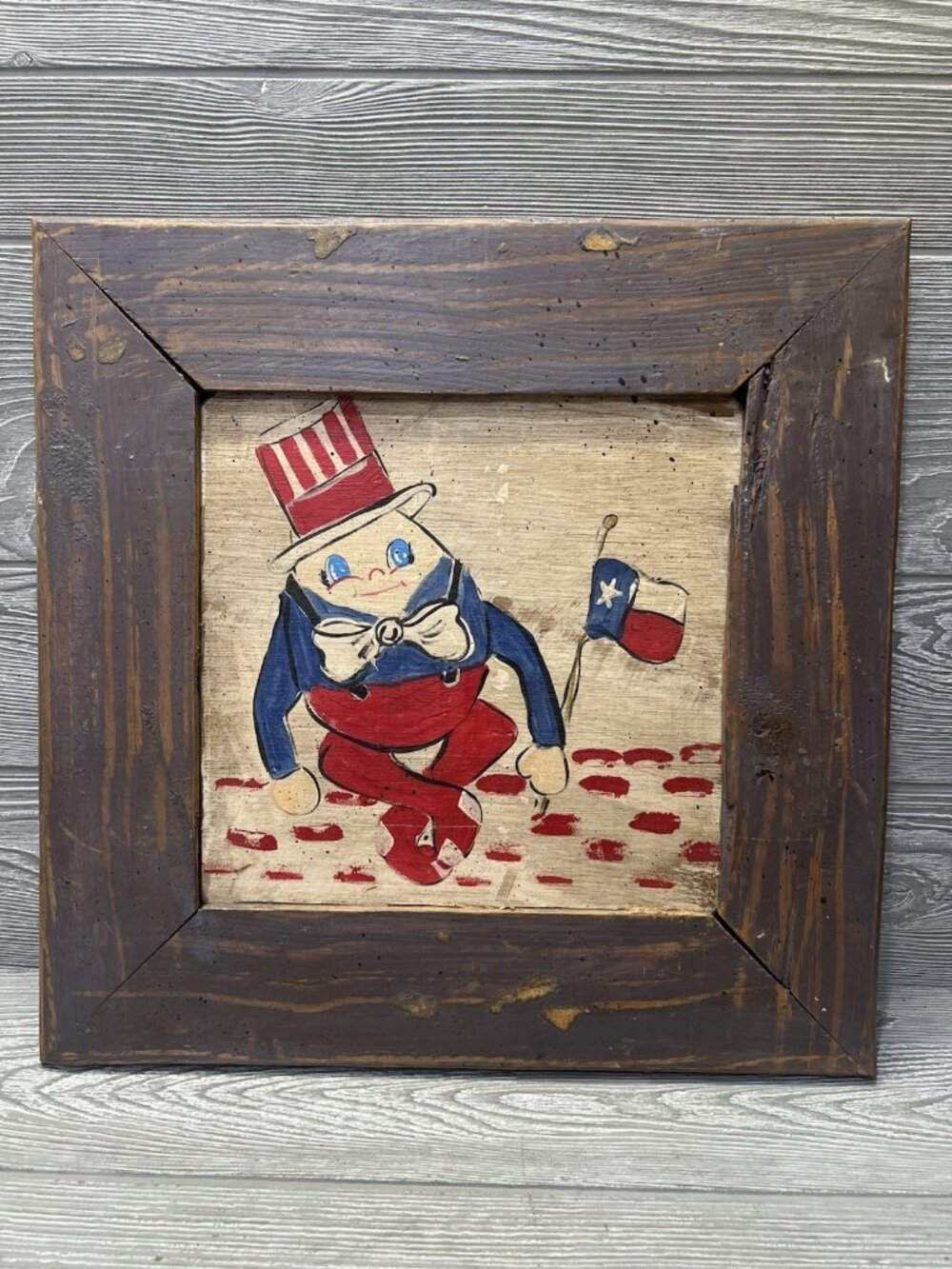 Rustic Patriotic Uncle Sam Humpty Dumpty Primitive Wood Frame USA Americana